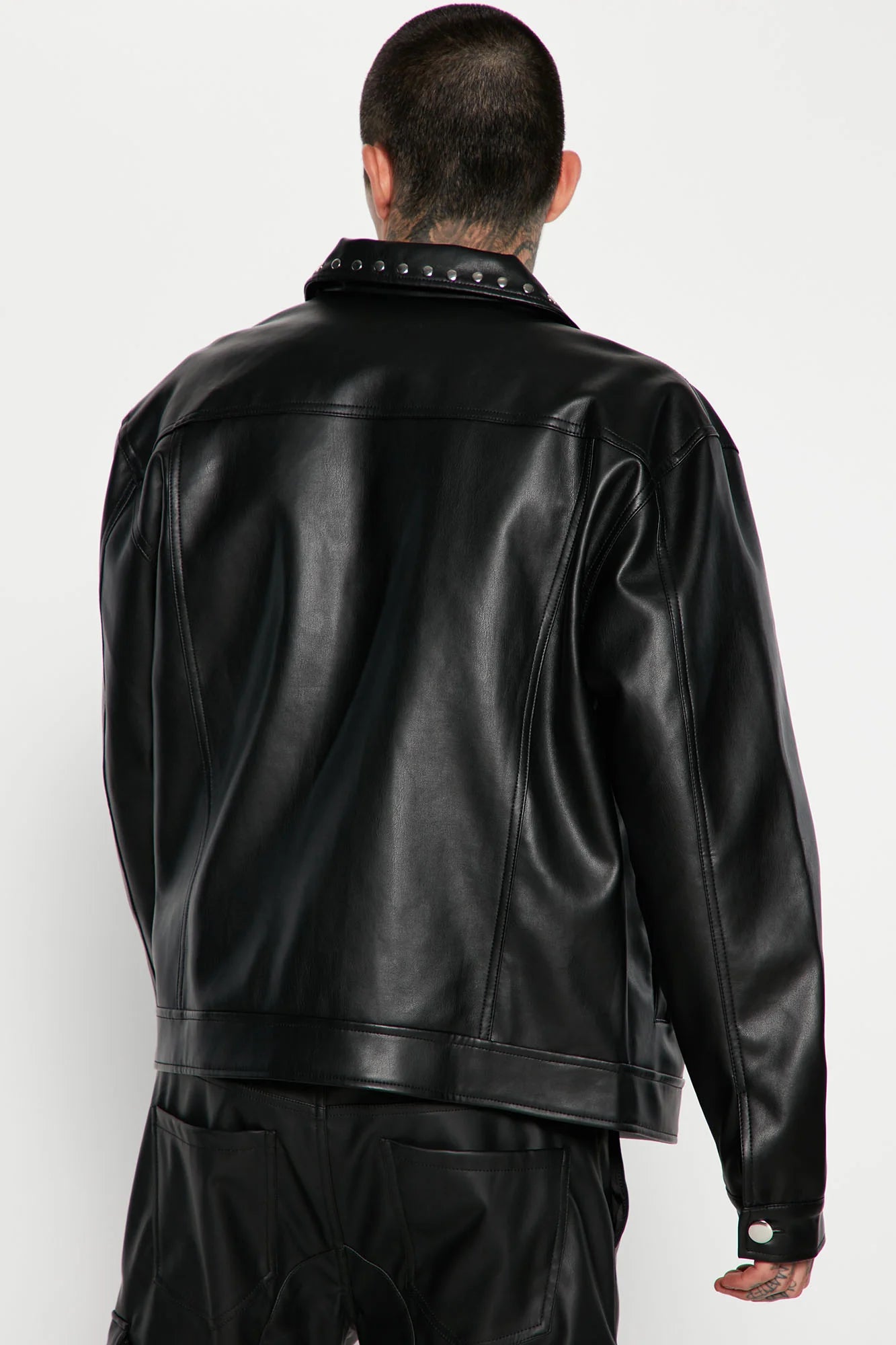 FAUX LEATHER STUDDED COLLAR TRUCKER JACKET