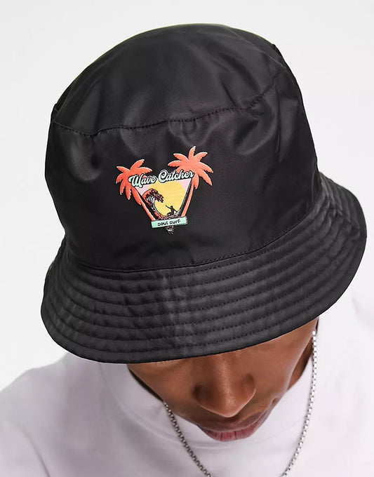 BUCKET HAT IN BLACK WITH SURF PRINT