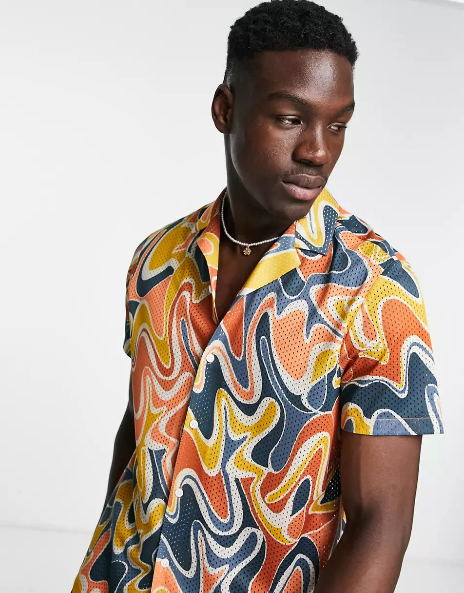 TOPMAN AIRTEX SWIRL PRINT SHIRT IN ORANGE AND BLUE