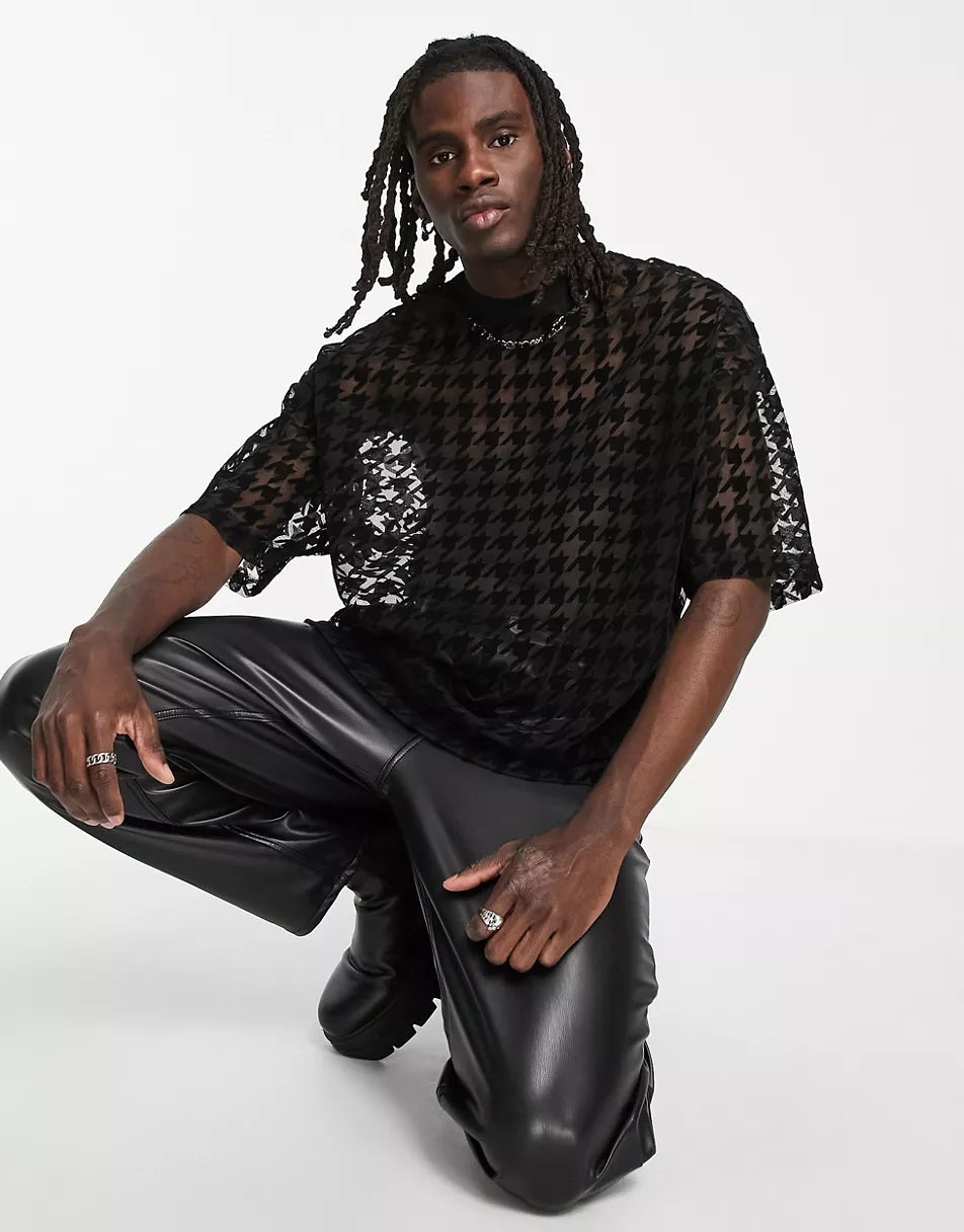 OVERSIZED T-SHIRT IN BLACK DOGTOOTH BURNOUT