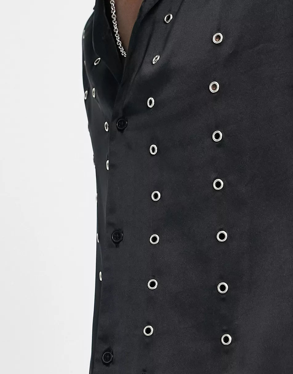 RELAXED SHIRT WITH EYELET DETAIL IN SATIN IN BLACK