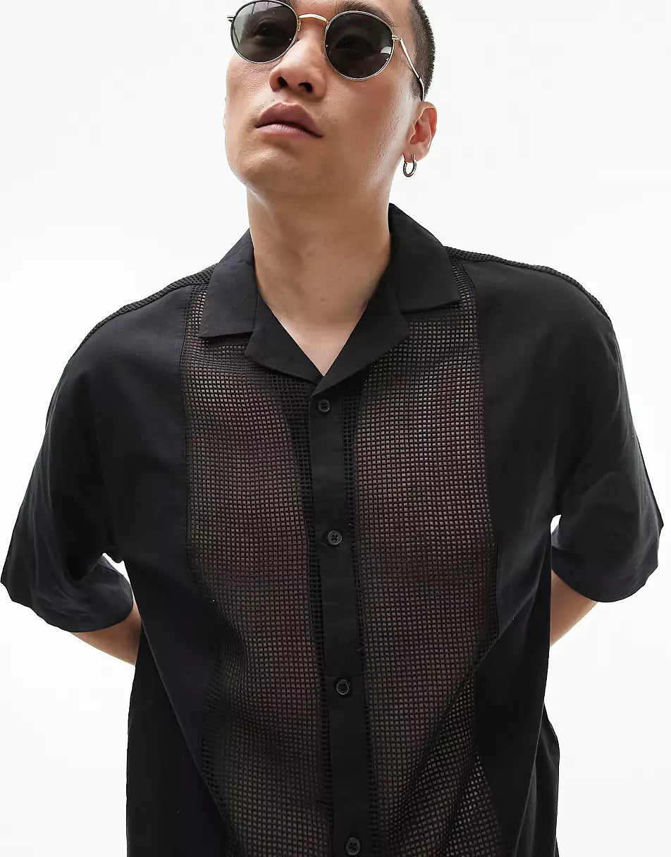 SHORT SLEEVE RELAXED REVERE SQUARE WOVEN PANEL SHIRT