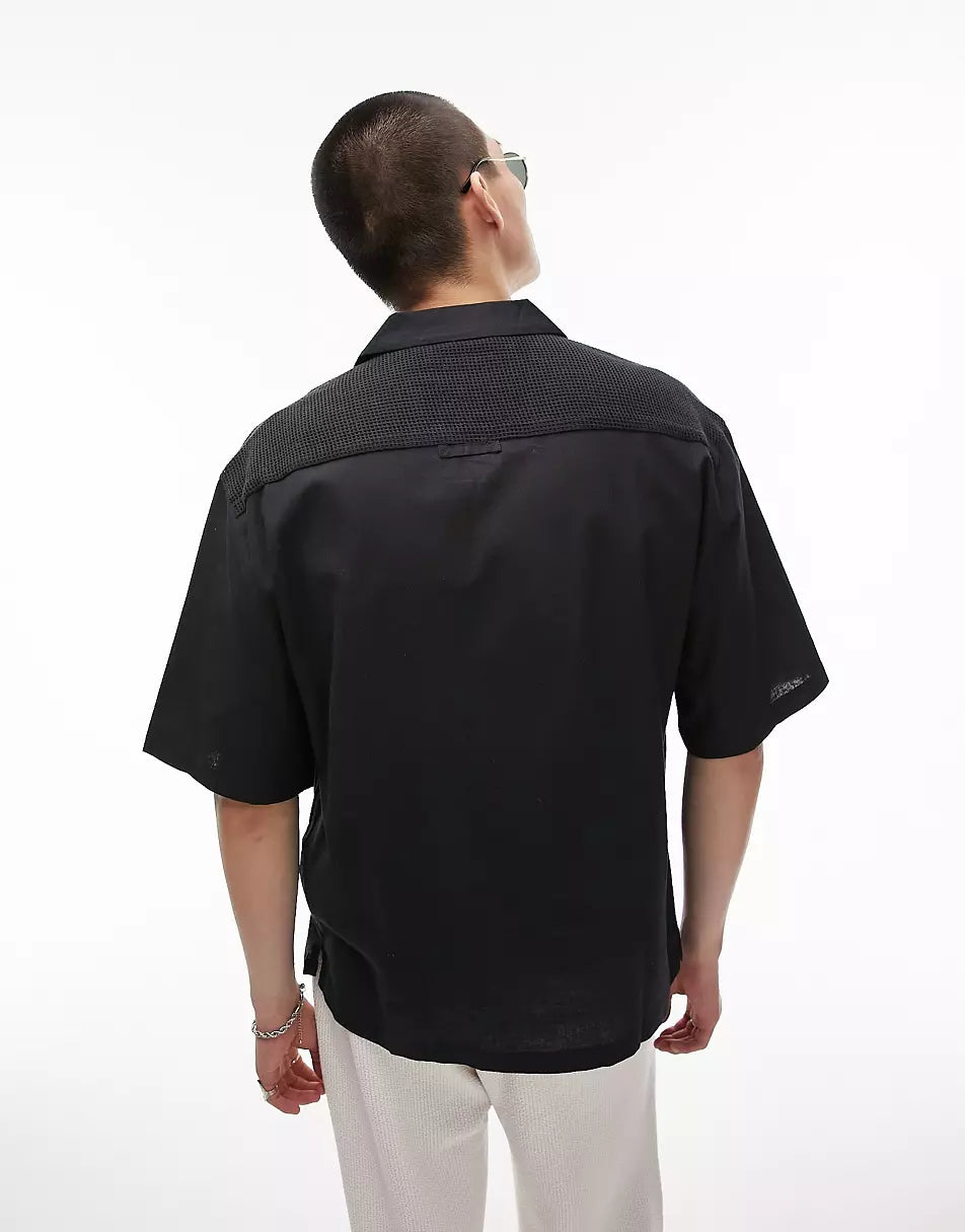 SHORT SLEEVE RELAXED REVERE SQUARE WOVEN PANEL SHIRT