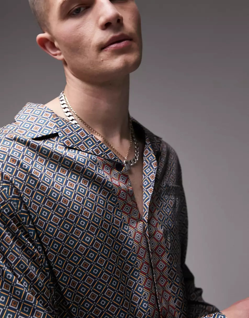 REGULAR REVERE GEO BORDER SATIN PRINTED SHIRT IN MULTI