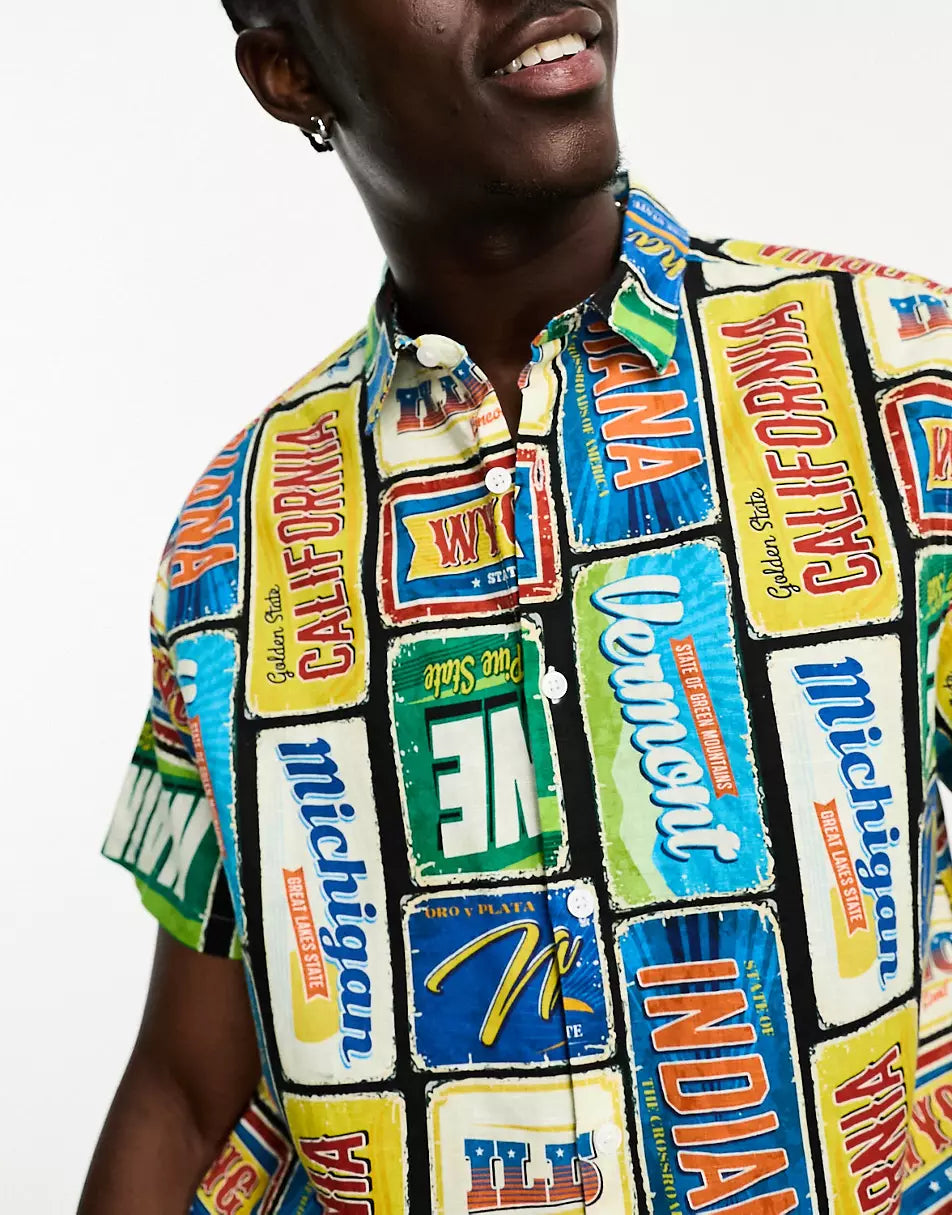 RELAXED SHIRT IN LINEN MIX POSTCARD PRINT