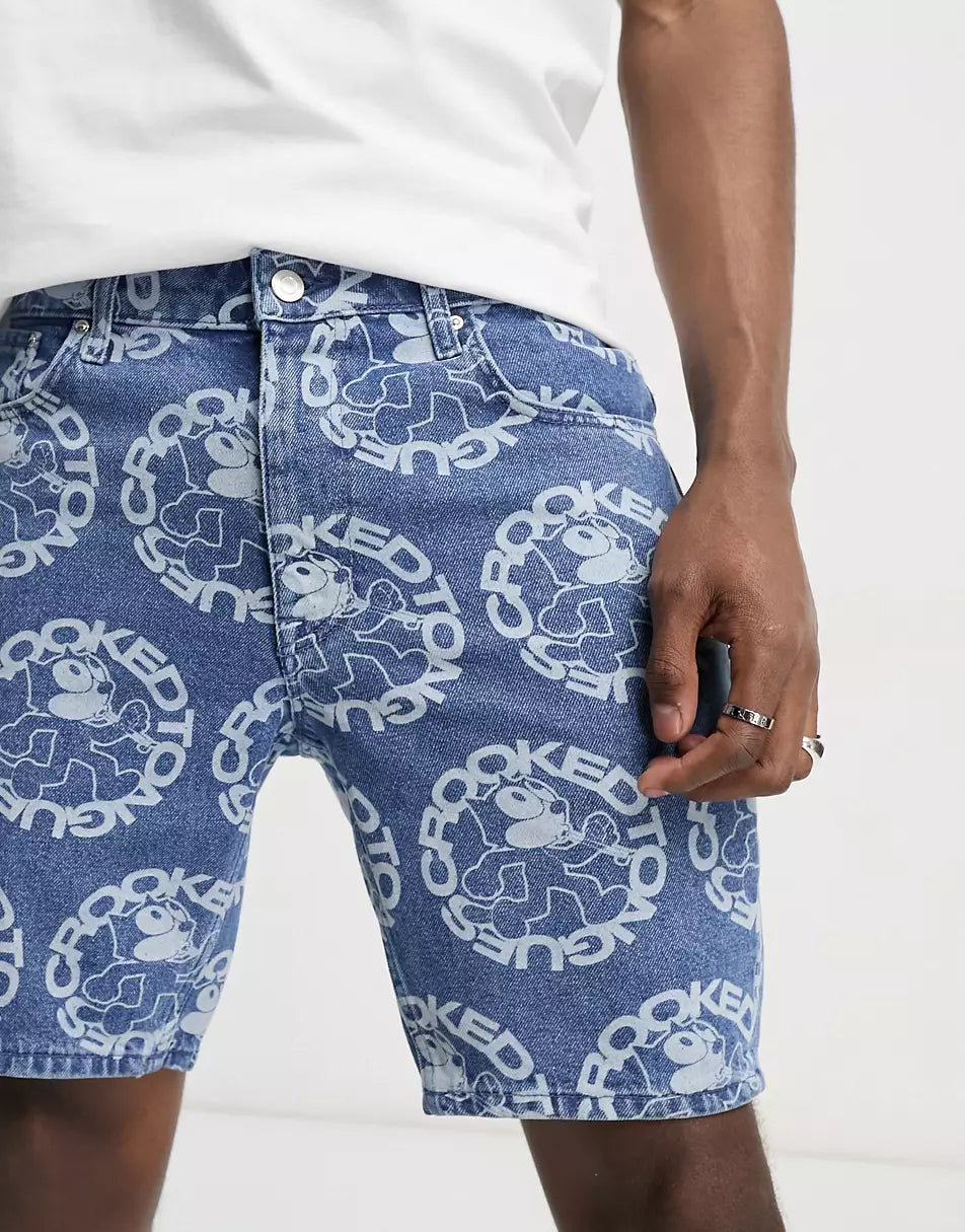 CROOKED TONGUES X FELIX THE CAT REGULAR LENGTH DENIM SHORTS WITH PRINT