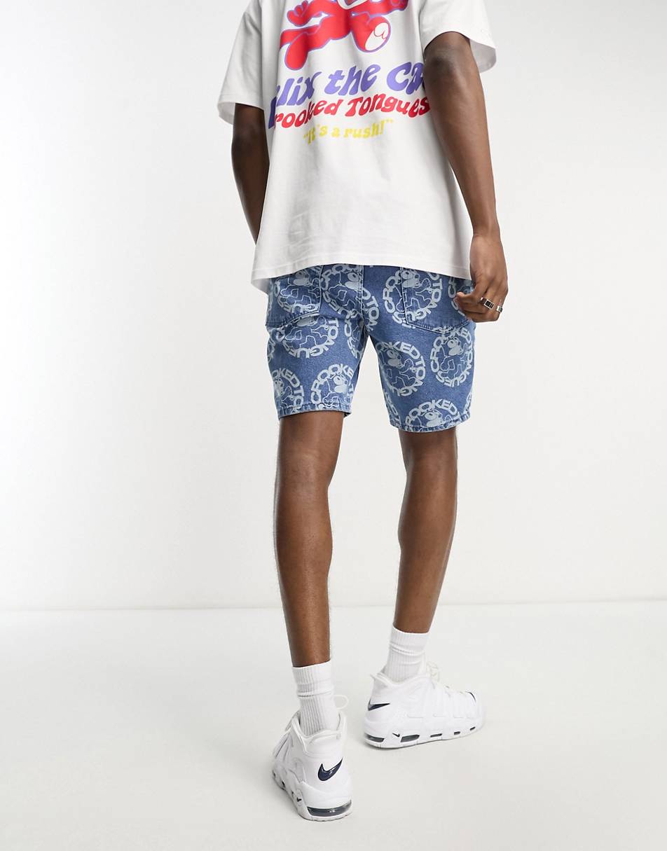 CROOKED TONGUES X FELIX THE CAT REGULAR LENGTH DENIM SHORTS WITH PRINT