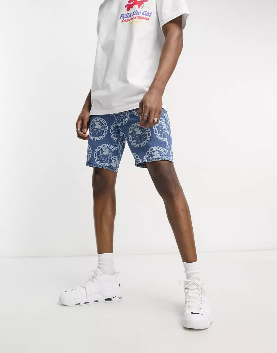 CROOKED TONGUES X FELIX THE CAT REGULAR LENGTH DENIM SHORTS WITH PRINT