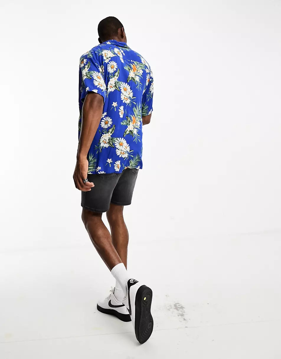 ORIGINALS OVERSIZED REVERE COLLAR SHIRT IN BLUE DAISY PRINT