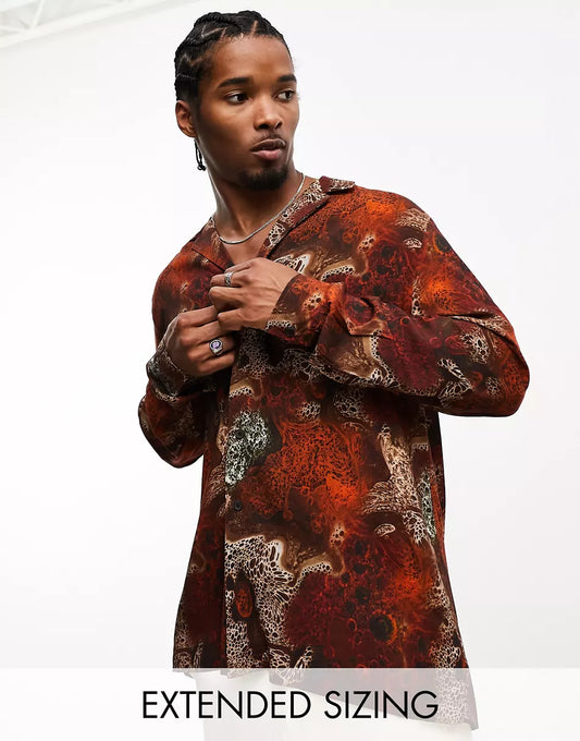 RELAXED DEEP REVERE SHIRT IN BROWN ABSTRACT ANIMAL PRINT