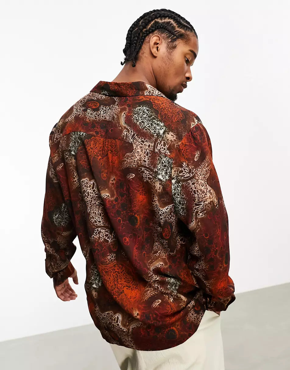 RELAXED DEEP REVERE SHIRT IN BROWN ABSTRACT ANIMAL PRINT