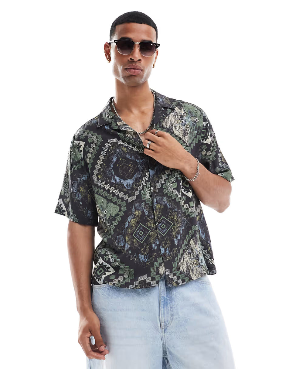 BOXY RELAXED REVERE SHIRT WITH VINTAGE PRINT IN NAVY