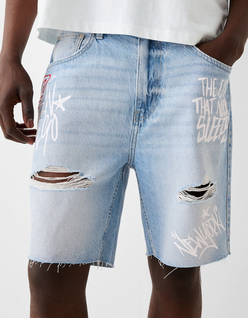 PRINTED DENIM BERMUDA SHORTS