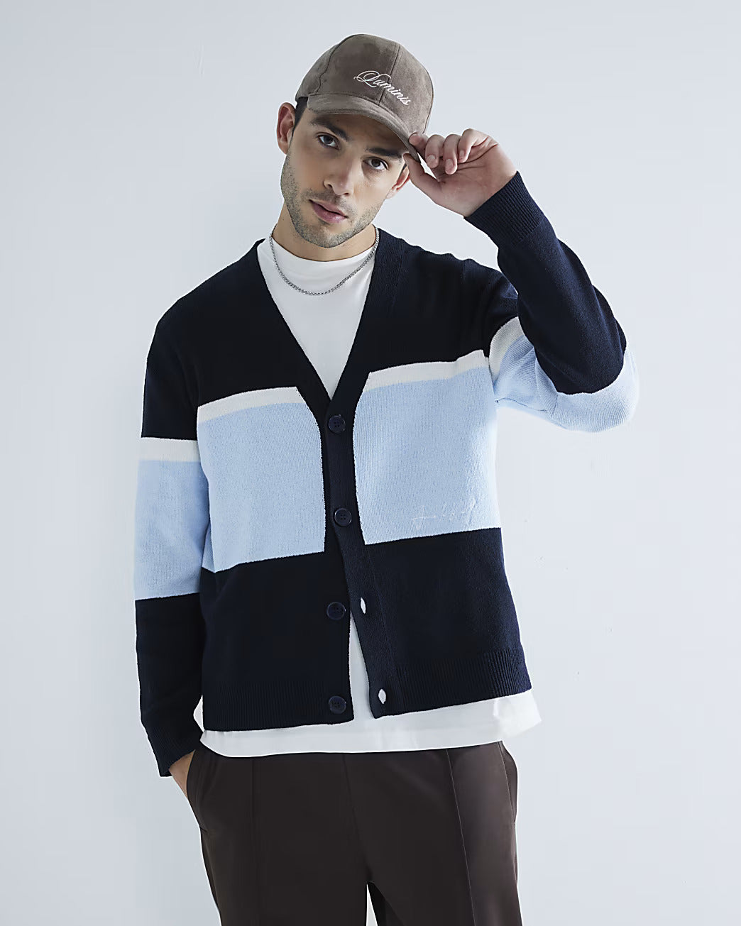 NAVY BOXY FIT COLOUR BLOCK CARDIGAN