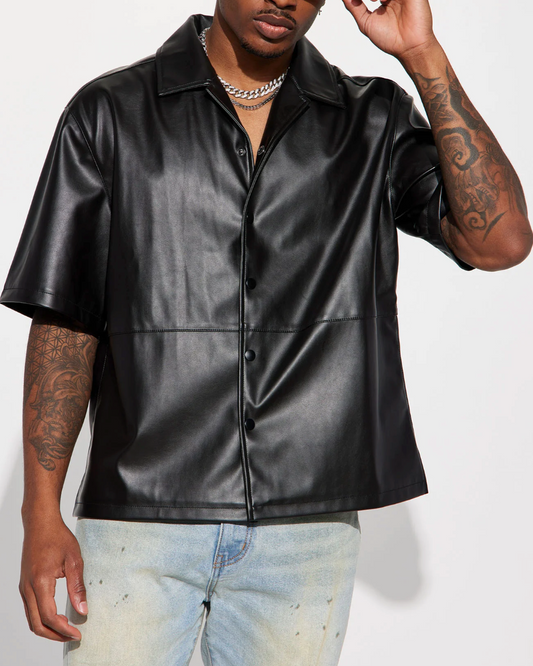 SLAM DUNK FAUX LEATHER SHORT SLEEVE BUTTON UP