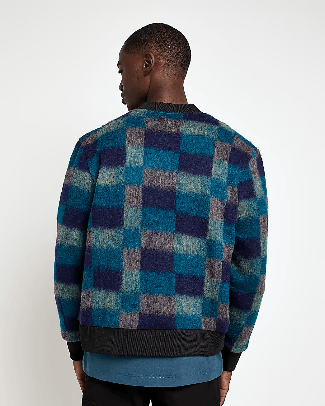 BLUE REGULAR FIT CHECK FLEECE BOMBER JACKET