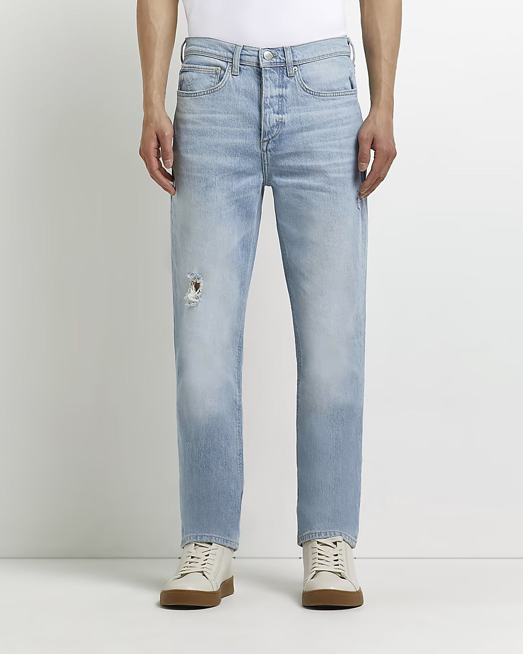 BLUE STRAIGHT FIT RIPPED JEANS