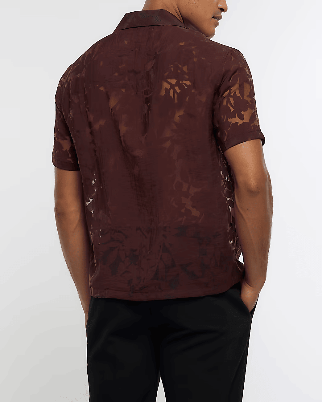 BROWN REGULAR FIT BURNOUT LEAF PRINT SHIRT