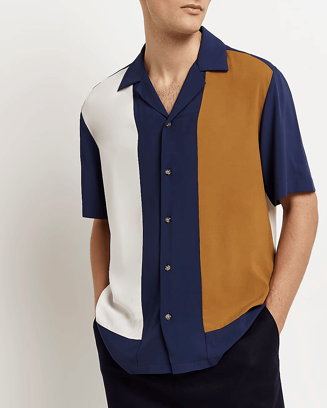 NAVY REGULAR FIT COLOUR BLOCK REVERE SHIRT