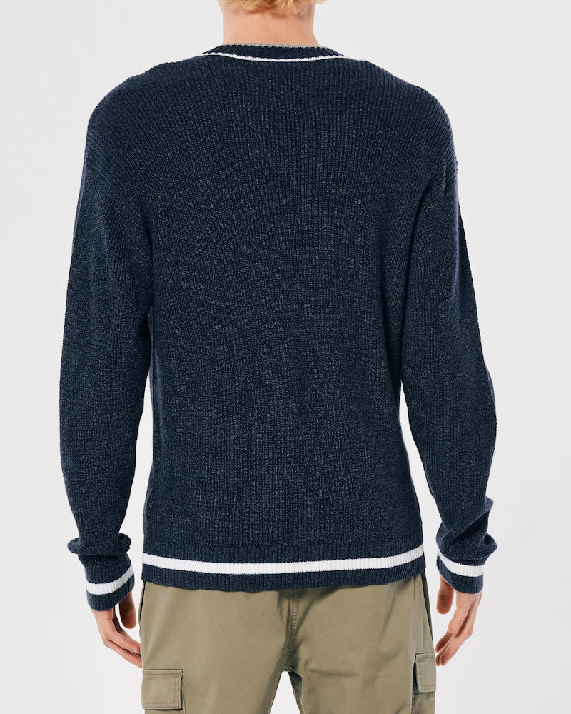 EMBROIDERED LOGO VARSITY V-NECK SWEATER