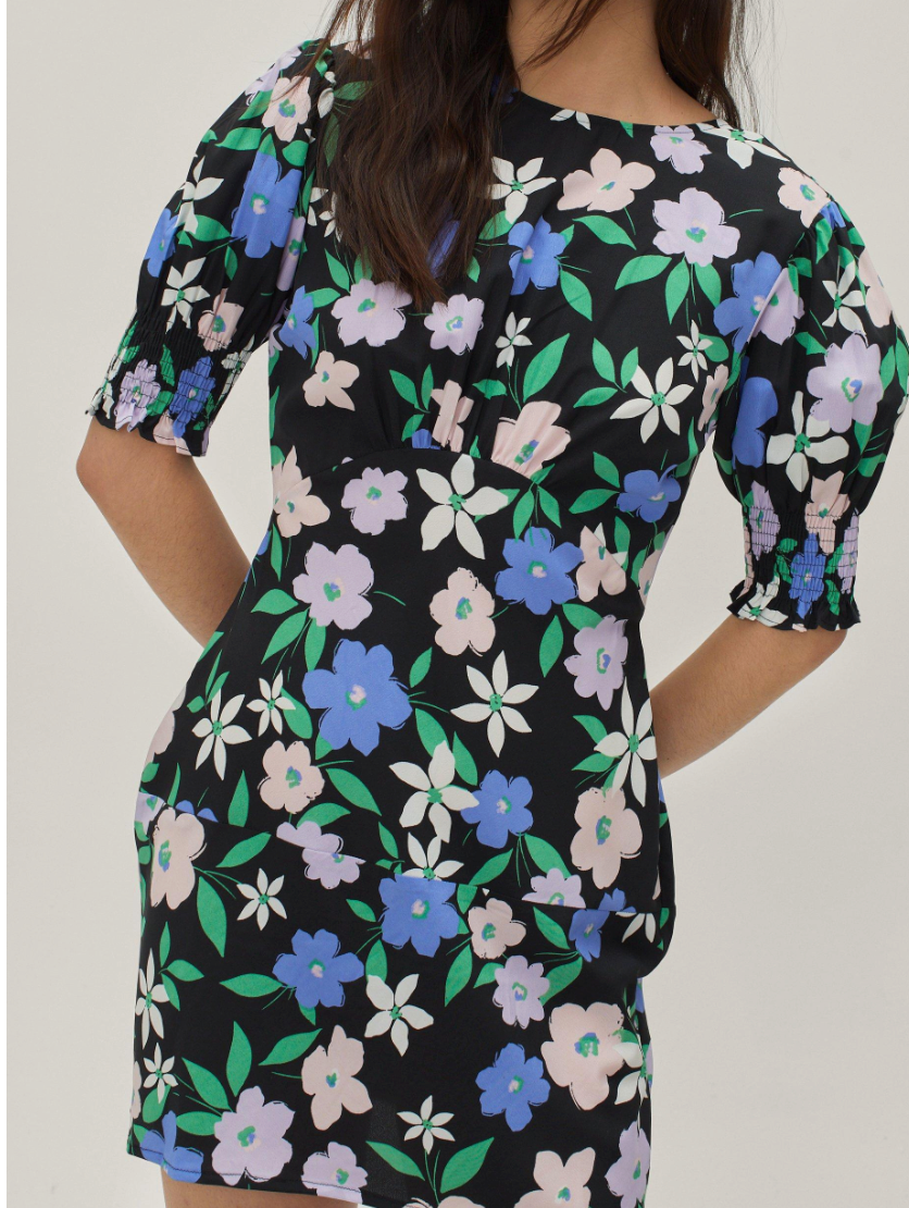 OVERSIZED FLORAL HIGH NECK MINI DRESS