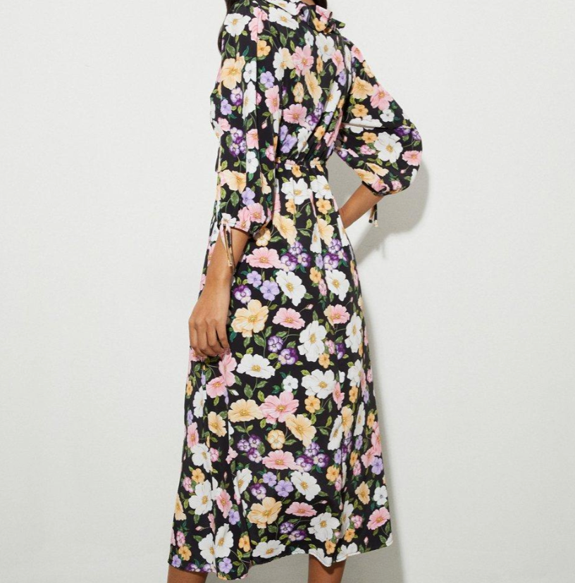 MAE MULTI FLORAL FRILL WRAP MIDI DRESS