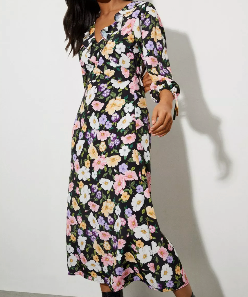 MAE MULTI FLORAL FRILL WRAP MIDI DRESS