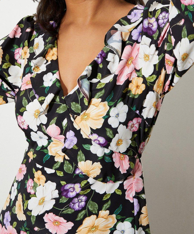 MAE MULTI FLORAL FRILL WRAP MIDI DRESS