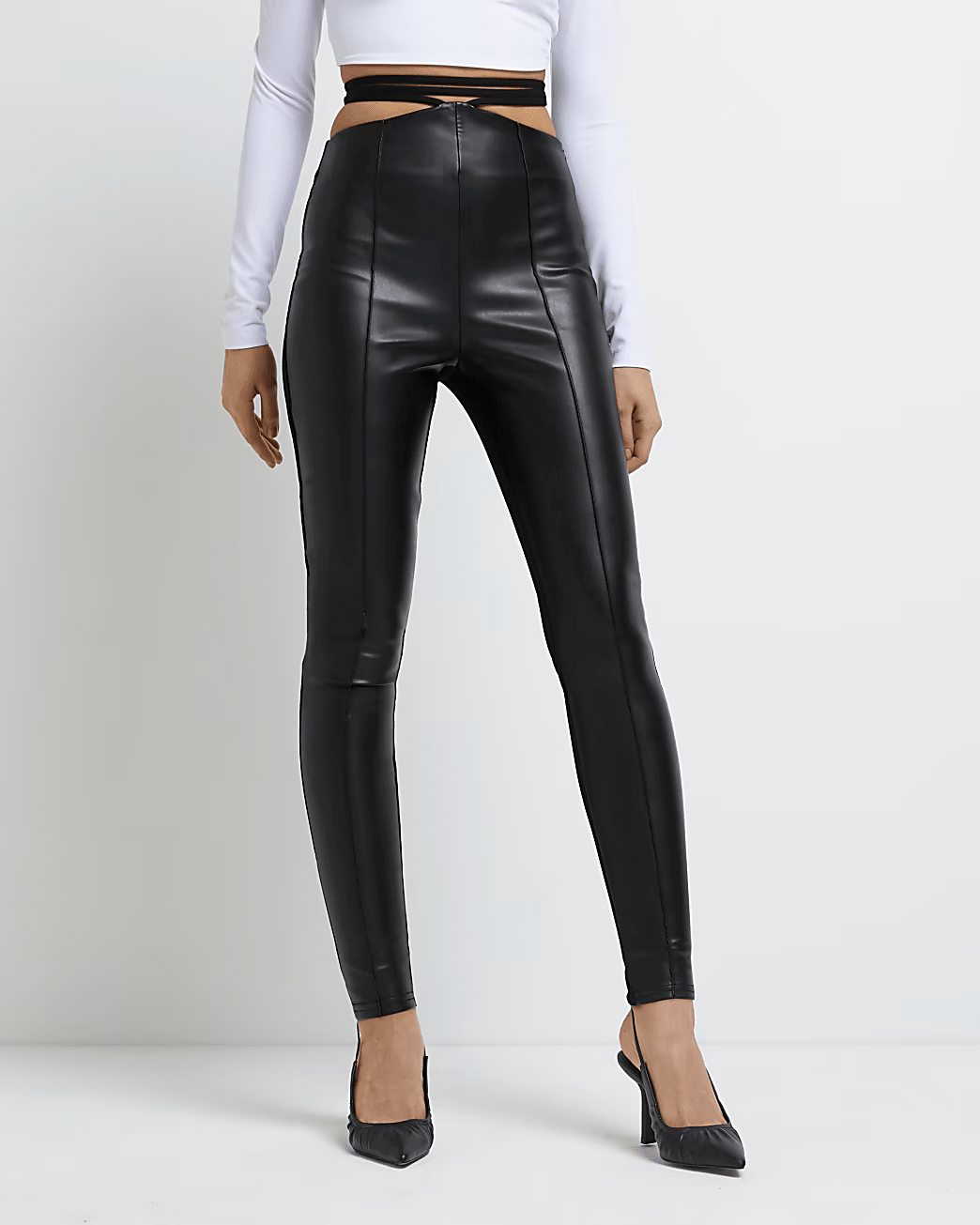 FAUX LEATHER STRAP SKINNY TROUSERS – - Main Image