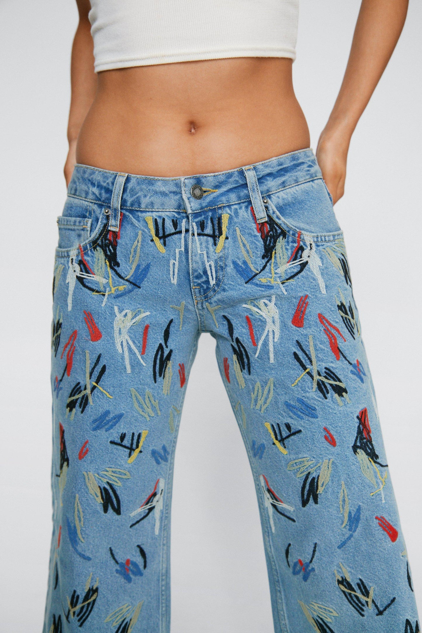 PETITE EMBRIODERED WIDE LEG JEANS