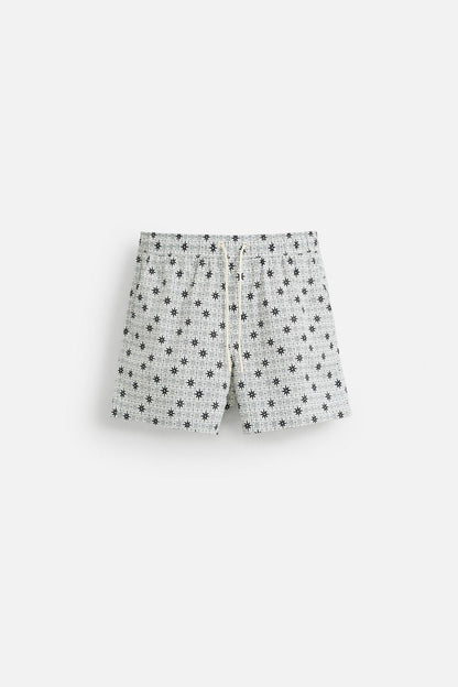 GEOMETRIC PRINT MID-LENGTH SWIMMING TRUNKS