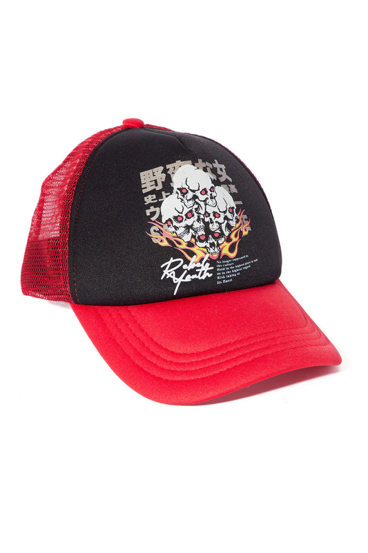 SKULL FLAMES TRUCKER HAT