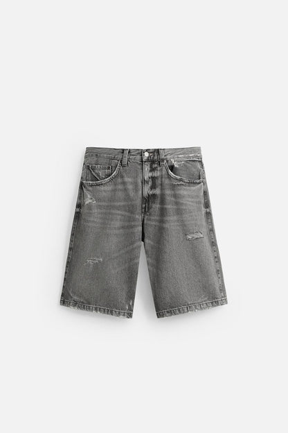 RIPPED BAGGY FIT DENIM BERMUDA SHORTS