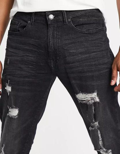 SLIM FIT EXTREME RIP JEANS IN WASHED BLACK