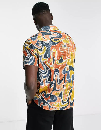 TOPMAN AIRTEX SWIRL PRINT SHIRT IN ORANGE AND BLUE