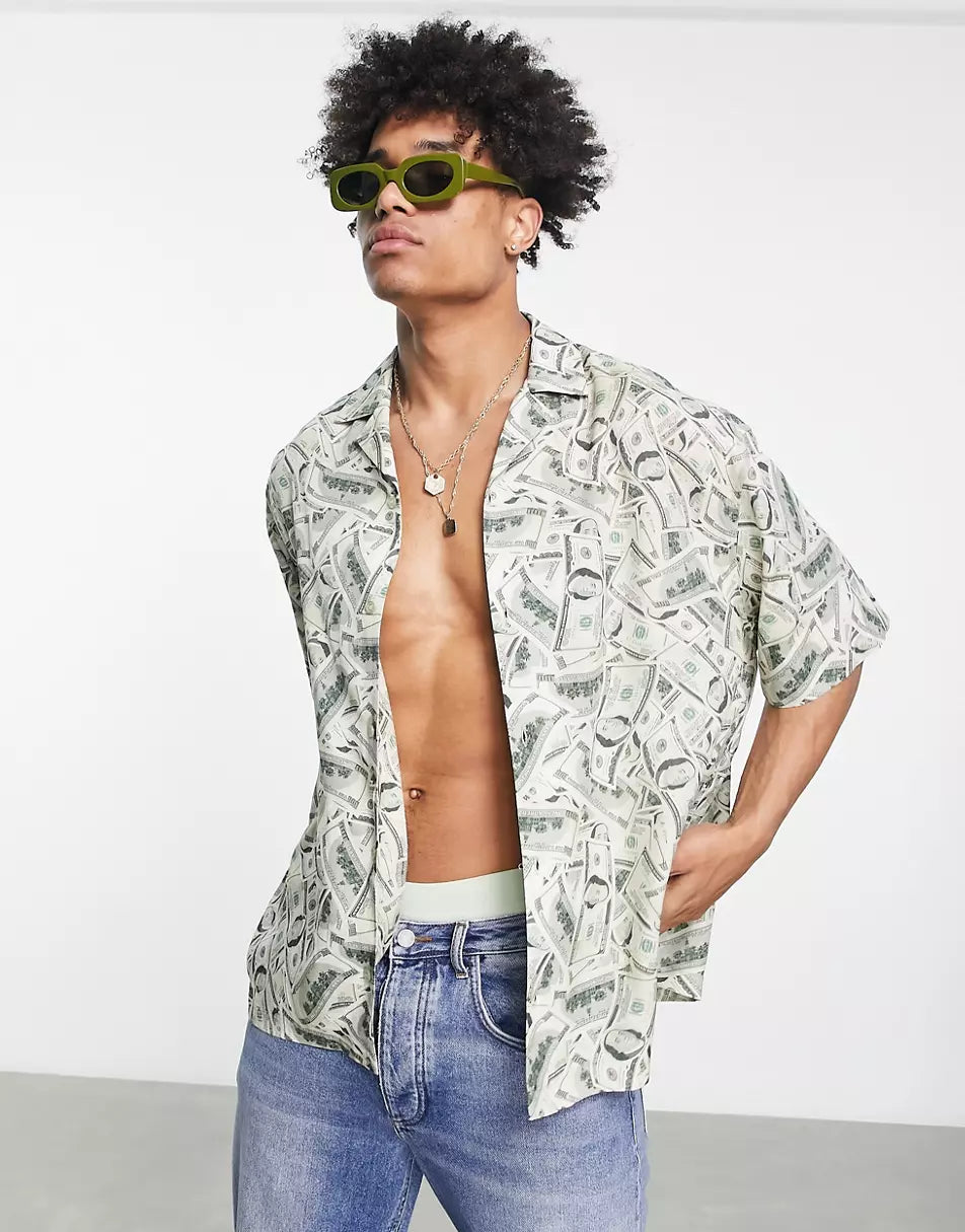 BOXY OVERSIZED REVERE SHIRT IN MONEY PRINT