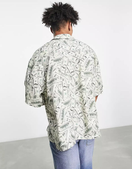 BOXY OVERSIZED REVERE SHIRT IN MONEY PRINT