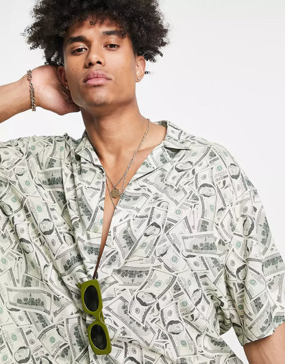 BOXY OVERSIZED REVERE SHIRT IN MONEY PRINT