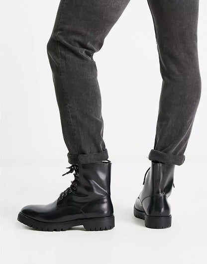 WIDE FIT CHUNKY HARDWARE LACE UP BOOTS IN BLACK LEATHER