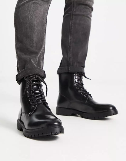 WIDE FIT CHUNKY HARDWARE LACE UP BOOTS IN BLACK LEATHER