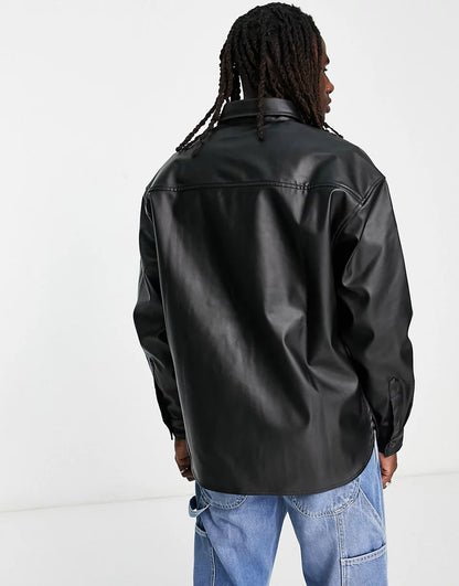 OVERSIZED PU SHIRT IN BLACK LEATHER LOOK