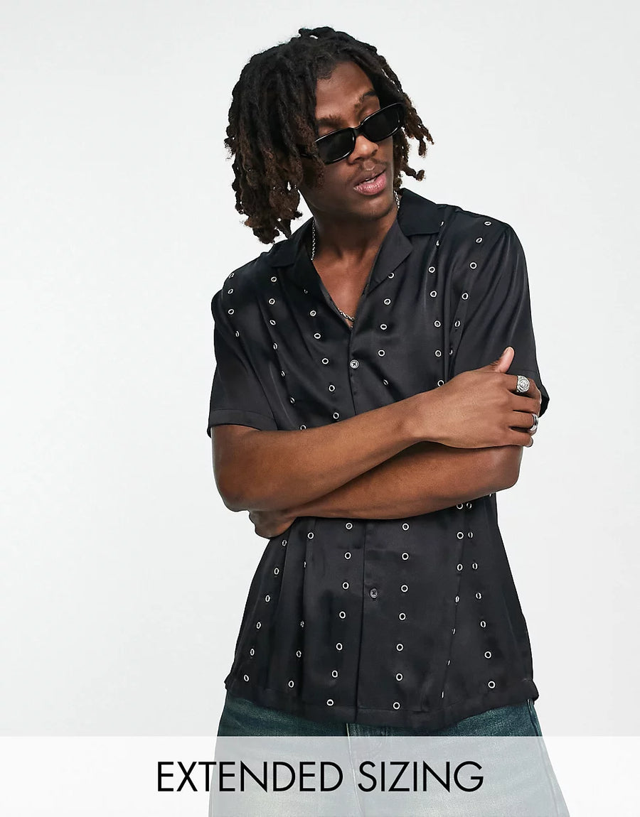 RELAXED SHIRT WITH EYELET DETAIL IN SATIN IN BLACK