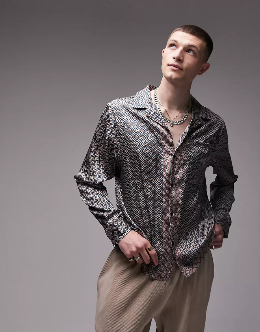 REGULAR REVERE GEO BORDER SATIN PRINTED SHIRT IN MULTI