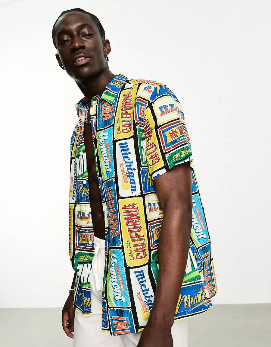 RELAXED SHIRT IN LINEN MIX POSTCARD PRINT