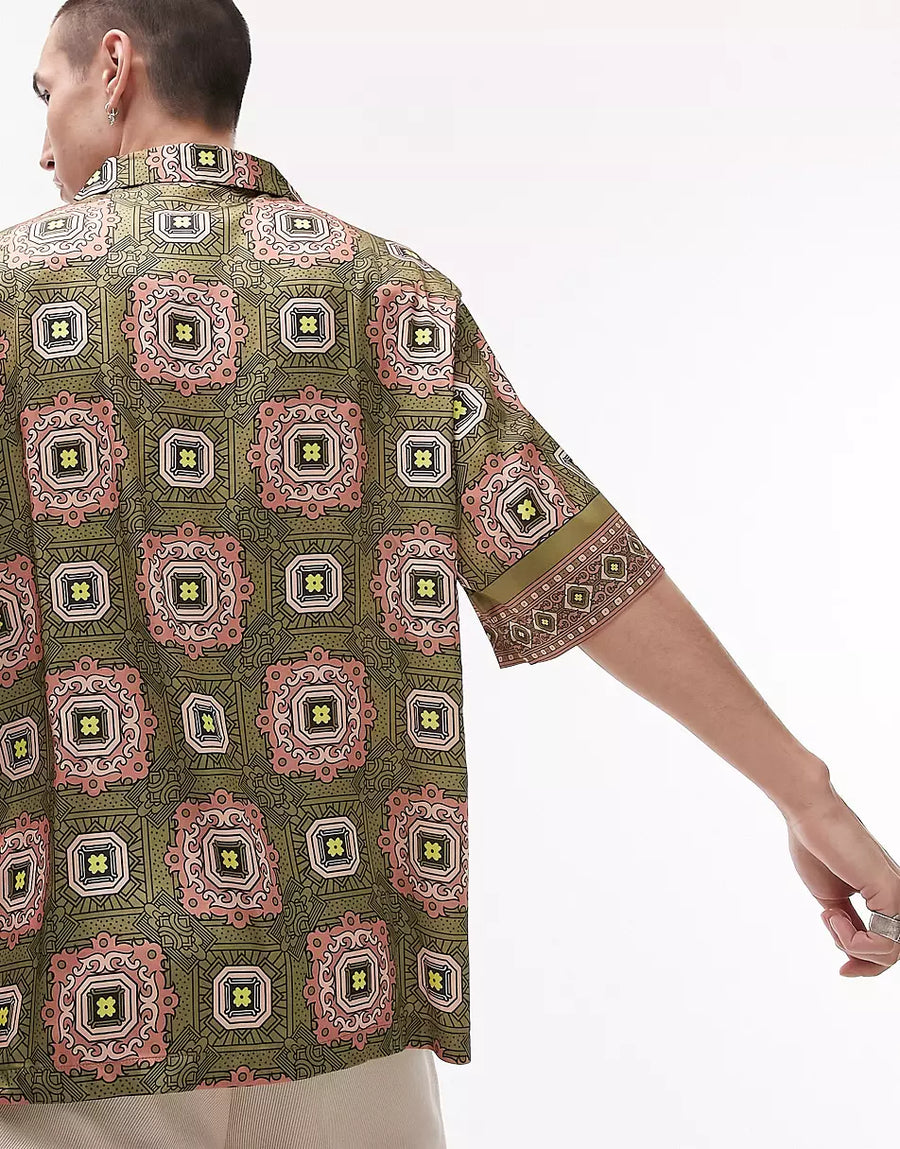 SHORT SLEEVE RELAXED TILE SATIN PRINTED SHIRT