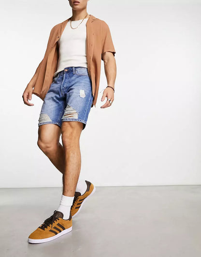 INTELLIGENCE RELAXED FIT DENIM SHORTS WITH DISTRESSING IN LIGHT WASH