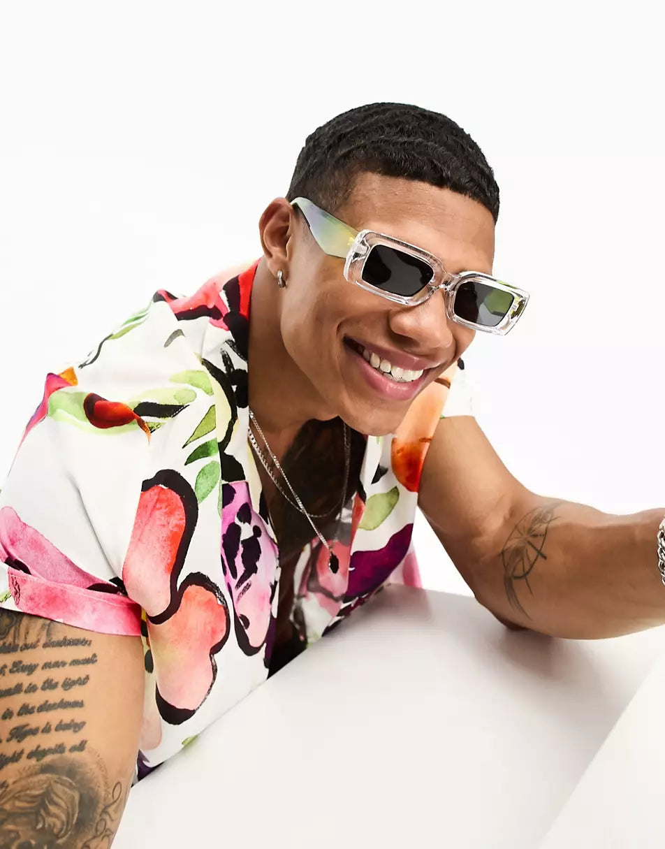 OVERSIZED RECTANGLE SUNGLASSES WITH BEVELLED FRAME AND SMOKE LENS IN CRYSTAL WITH LIME SPRAY