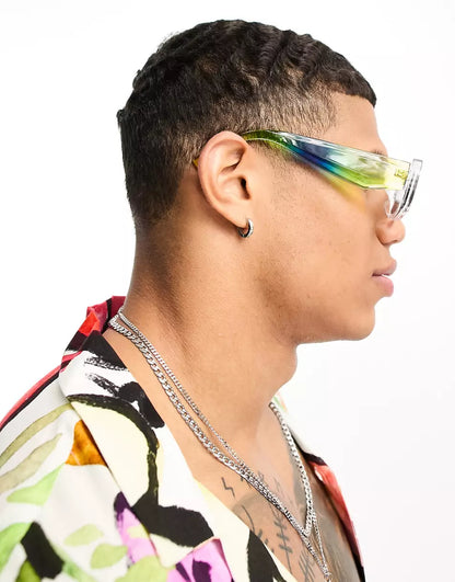 OVERSIZED RECTANGLE SUNGLASSES WITH BEVELLED FRAME AND SMOKE LENS IN CRYSTAL WITH LIME SPRAY