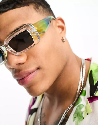 OVERSIZED RECTANGLE SUNGLASSES WITH BEVELLED FRAME AND SMOKE LENS IN CRYSTAL WITH LIME SPRAY