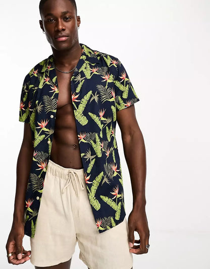 REGULAR FIT SHIRT IN LEAF PRINT IN NAVY